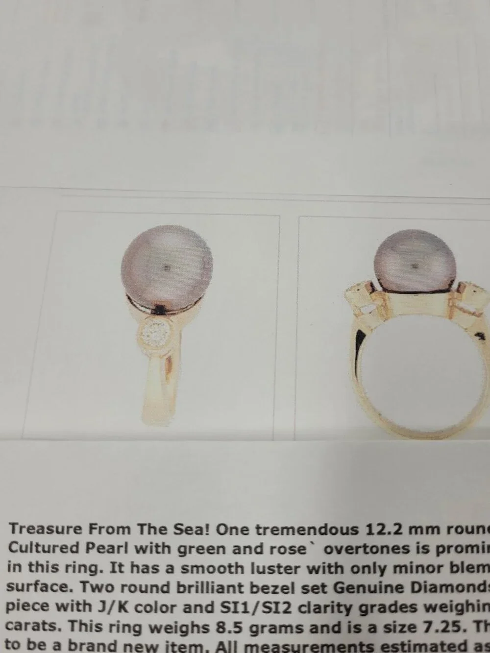 Vintage 14K Gold 12.2mm Black Cultured Pearl & 0.45ct Diamond Ring - Size 7.5